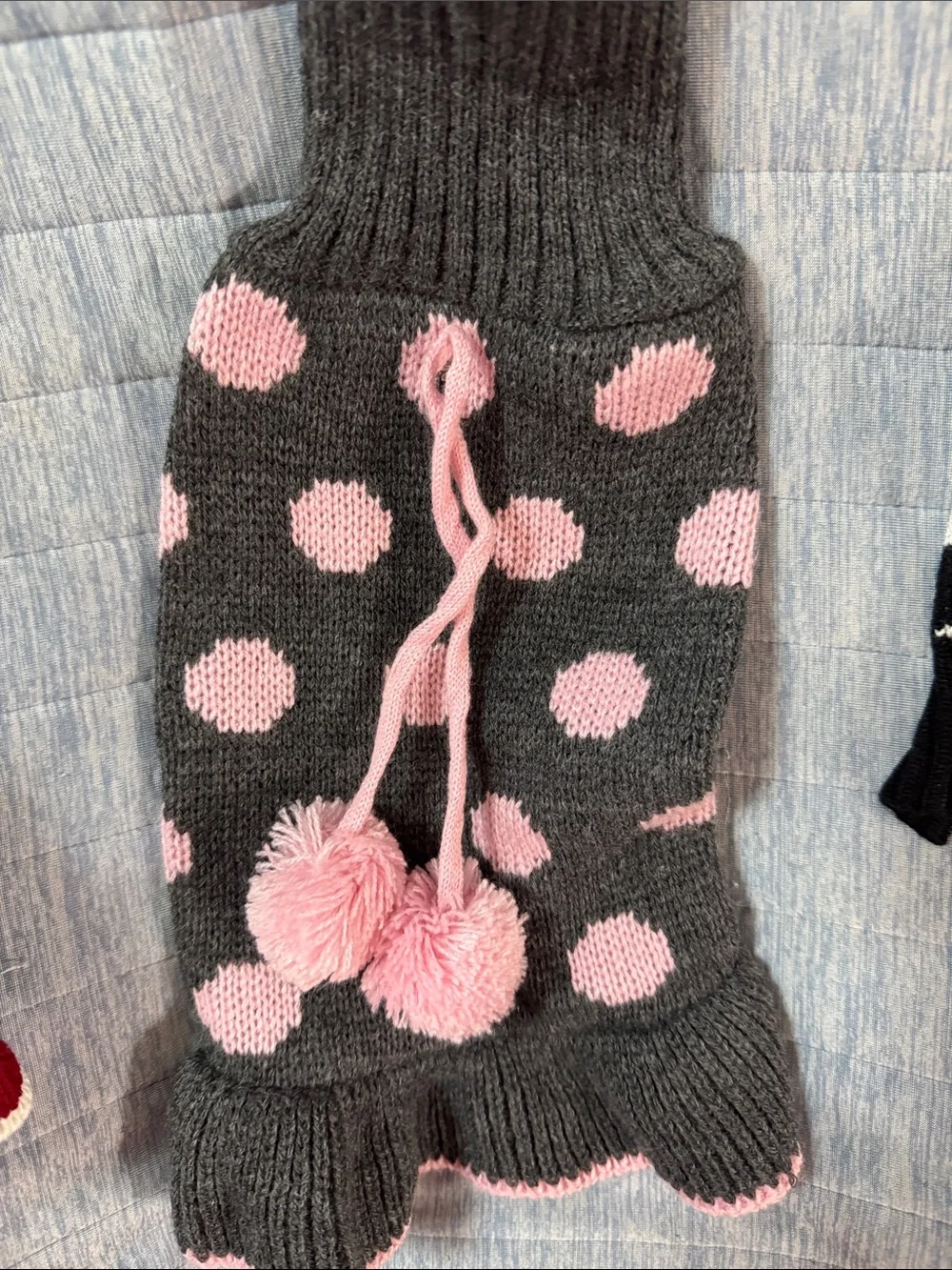 Gray & Pink Polka Dot Knit Dog Dress with Pom Trim